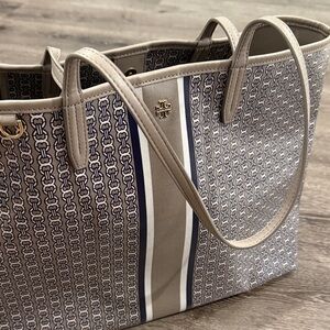 Tory Burch Beige and Navy Patterned Tote